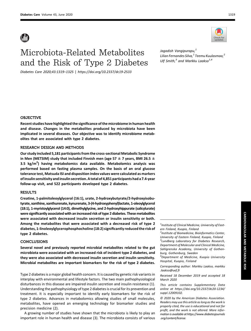 Microbiota-Related Metabolites and the Risk of Type 2 Diabetes