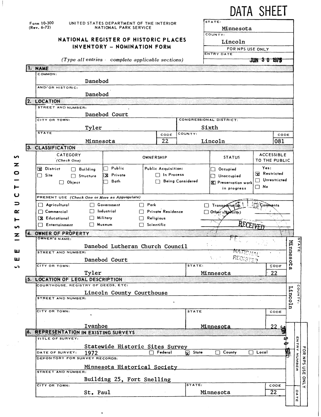 DATA SHEET Form 10-300 UNITED STATES DEPARTMENT of the INTERIOR STATE: (Rev