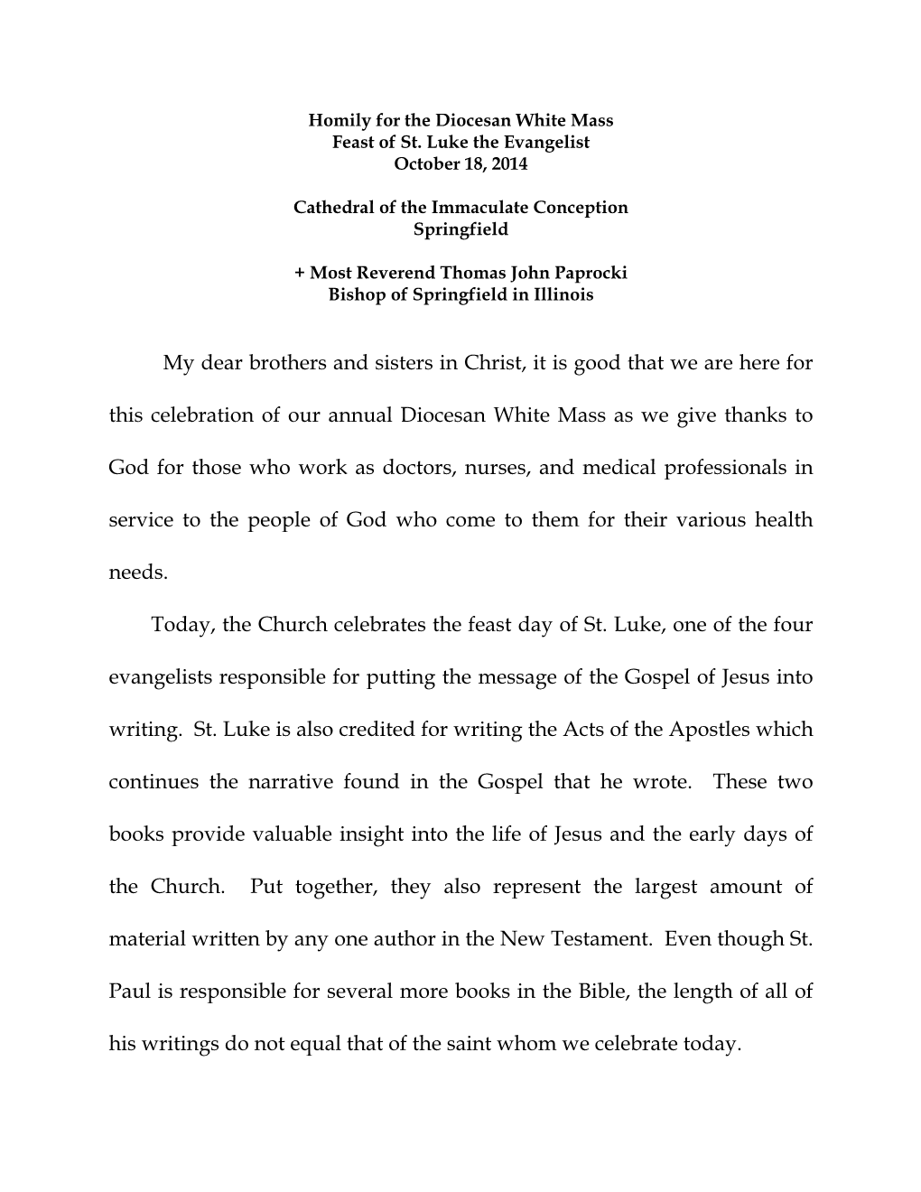 Homily for the Diocesan White Mass Feast of St