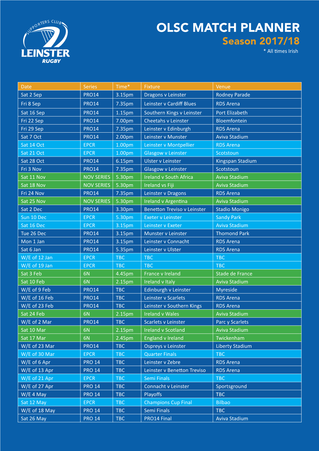 OLSC MATCH PLANNER Season 2017/18 * All Times Irish