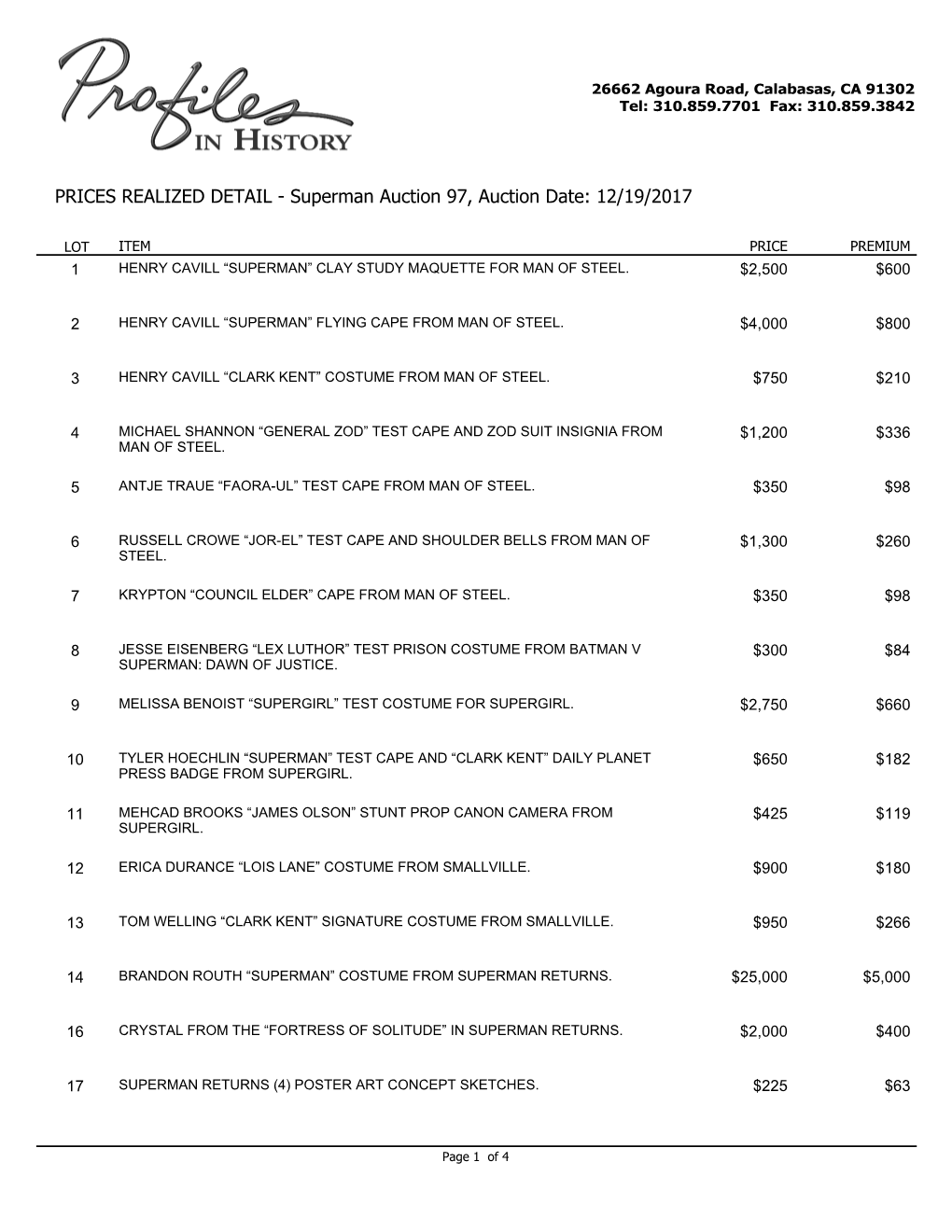 PRICES REALIZED DETAIL - Superman Auction 97, Auction Date: 12/19/2017