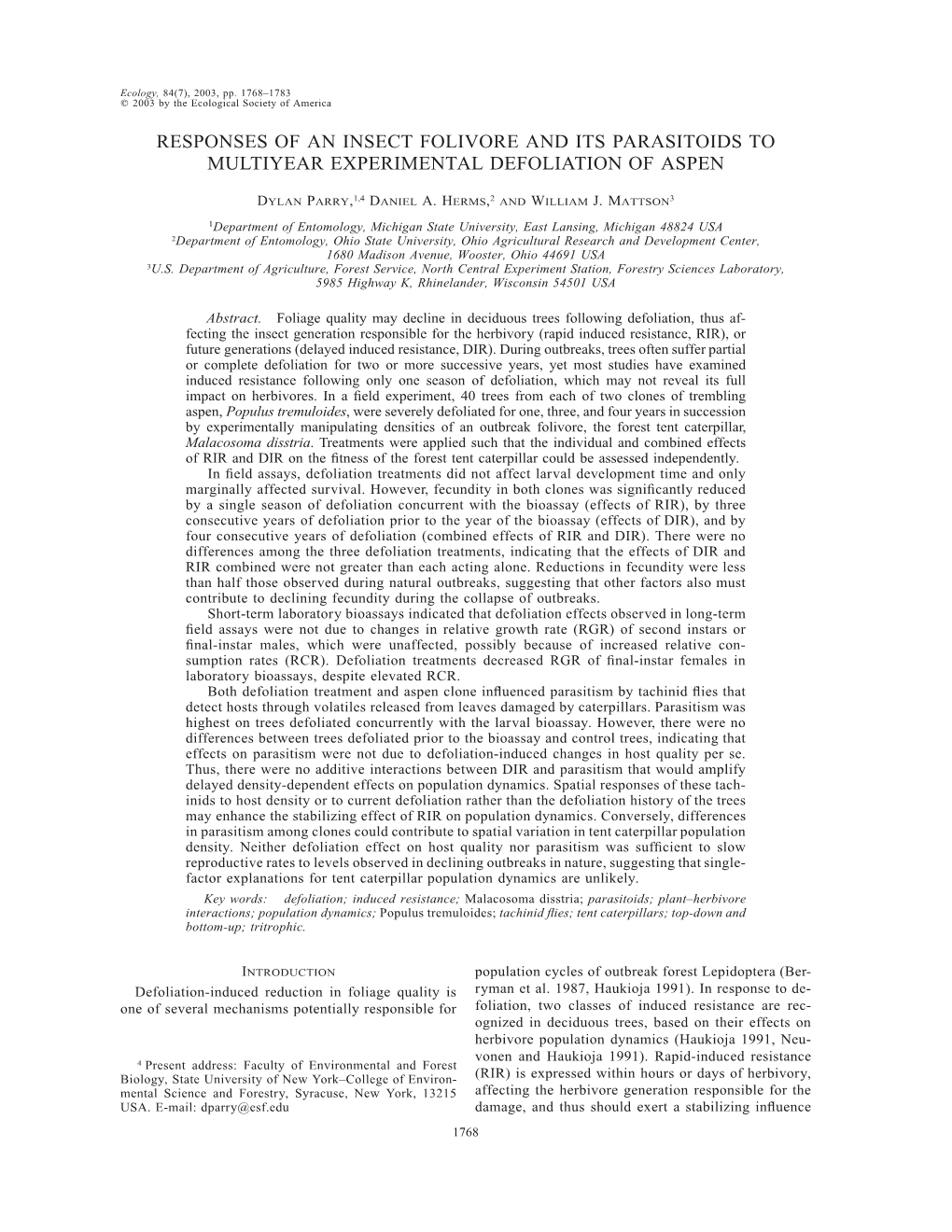 Responses of an Insect Folivore and Its Parasitoids to Multiyear Experimental Defoliation of Aspen