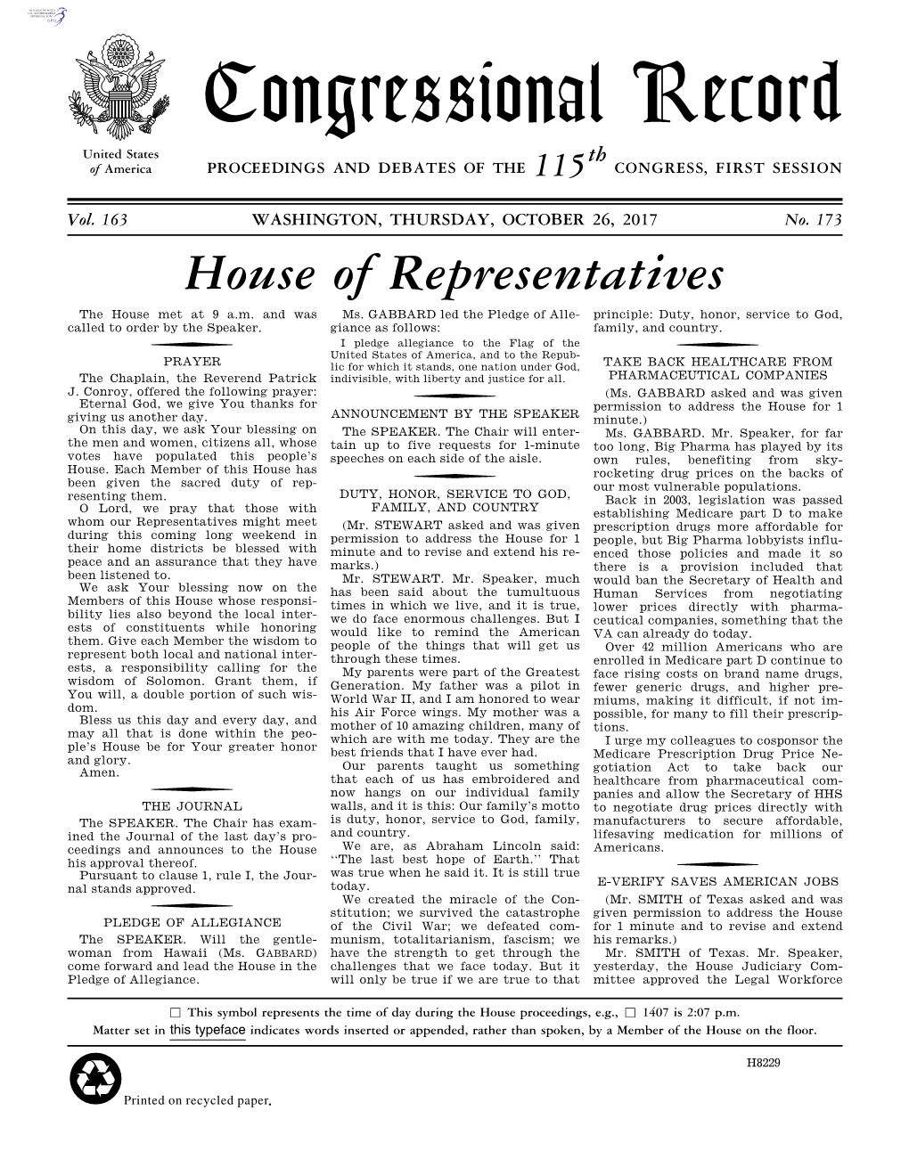 Congressional Record United States Th of America PROCEEDINGS and DEBATES of the 115 CONGRESS, FIRST SESSION