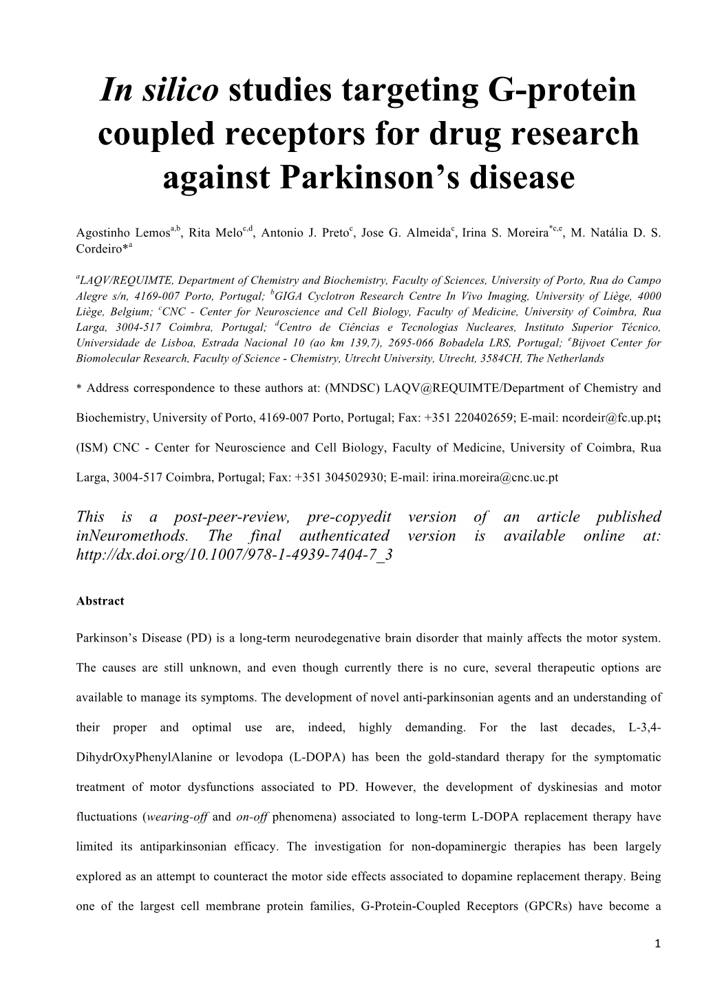 In Silico Studies Targeting G-Protein Coupled Receptors for Drug Research Against Parkinson’S Disease