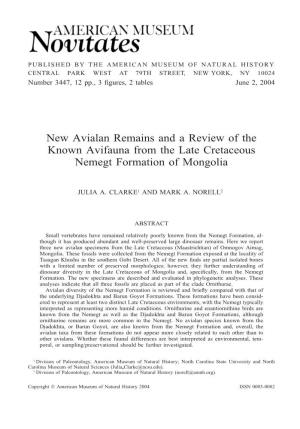 New Avialan Remains and a Review of the Known Avifauna from the Late Cretaceous Nemegt Formation of Mongolia