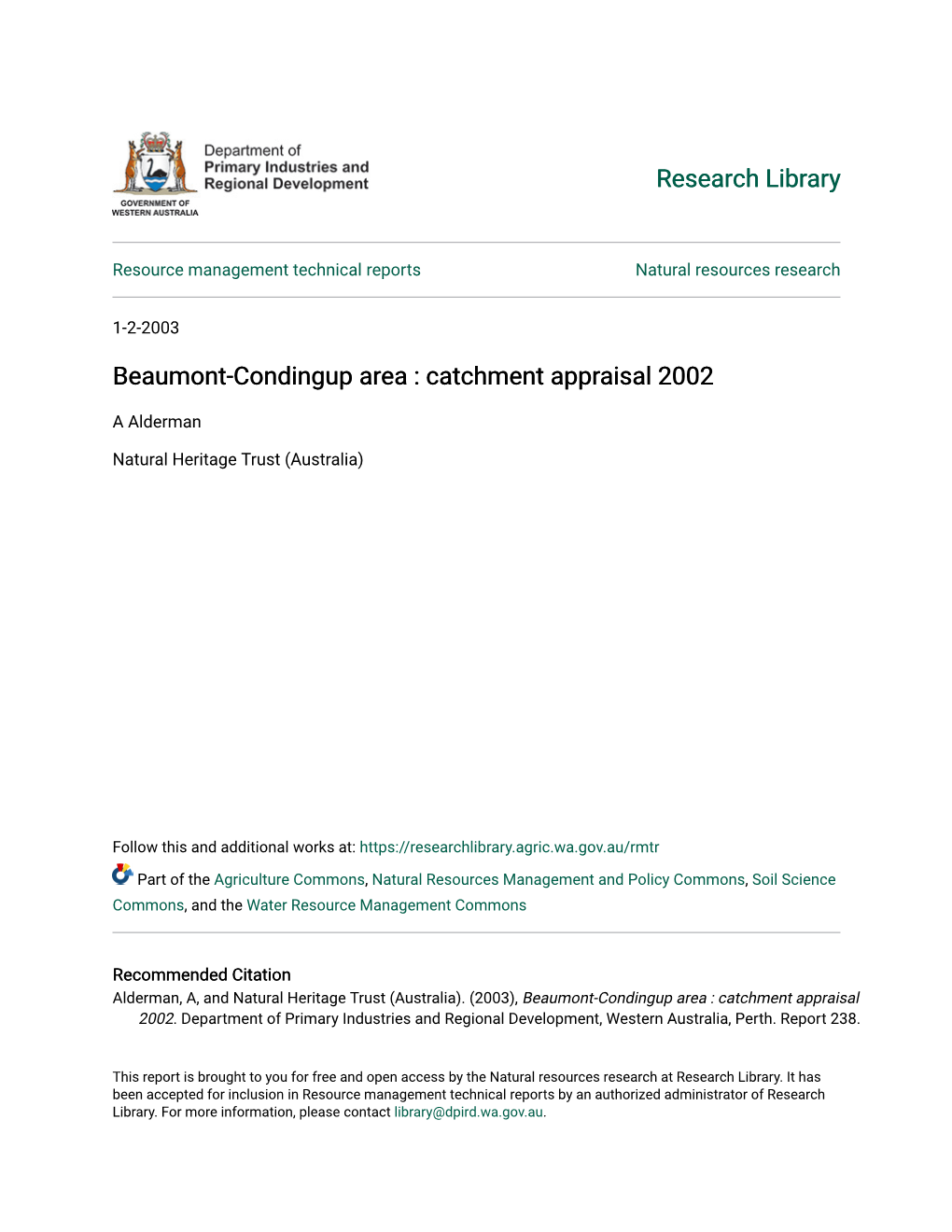 Beaumont-Condingup Area : Catchment Appraisal 2002