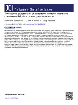 Therapeutic Suppression of Translation Initiation Modulates Chemosensitivity in a Mouse Lymphoma Model