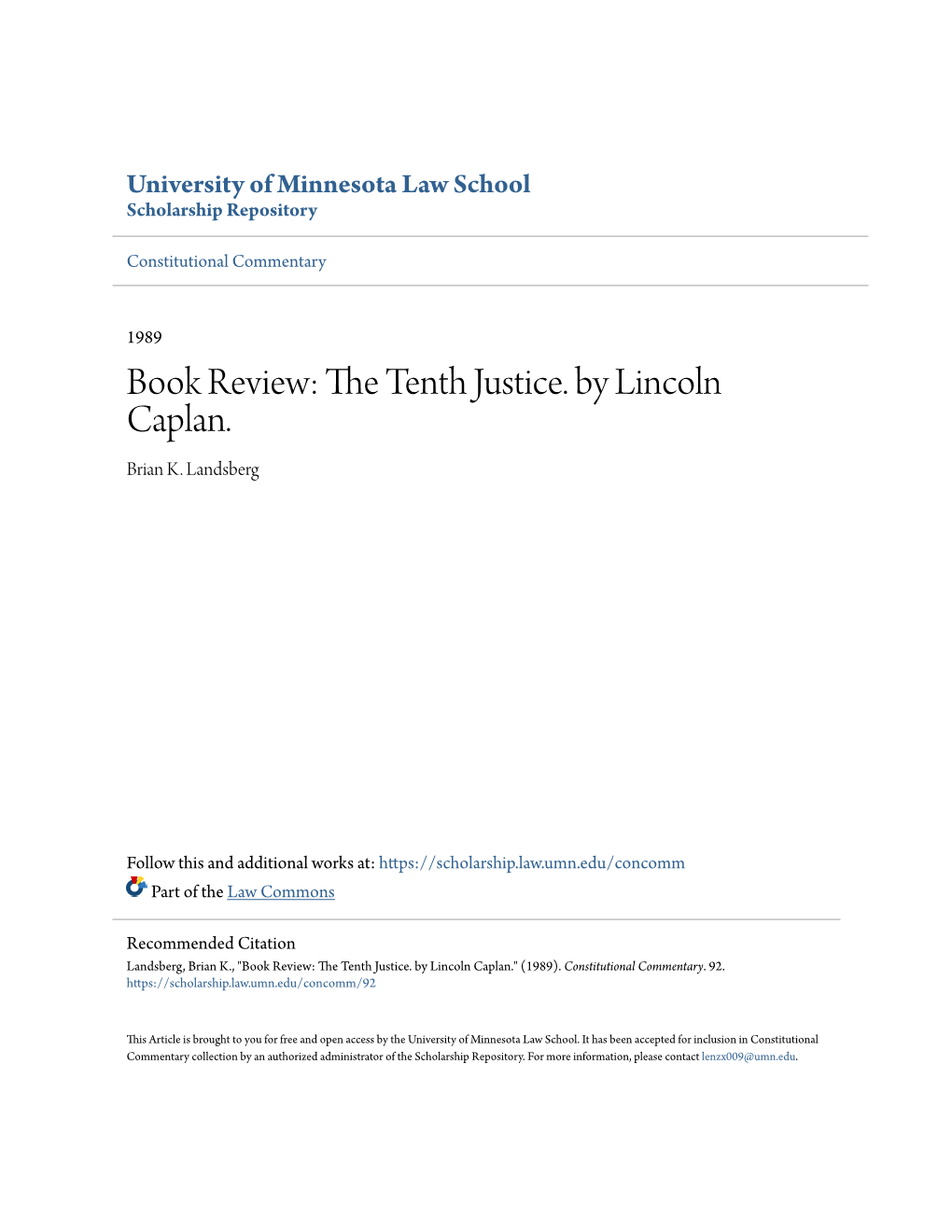 Book Review: the Tenth Justice. by Lincoln Caplan