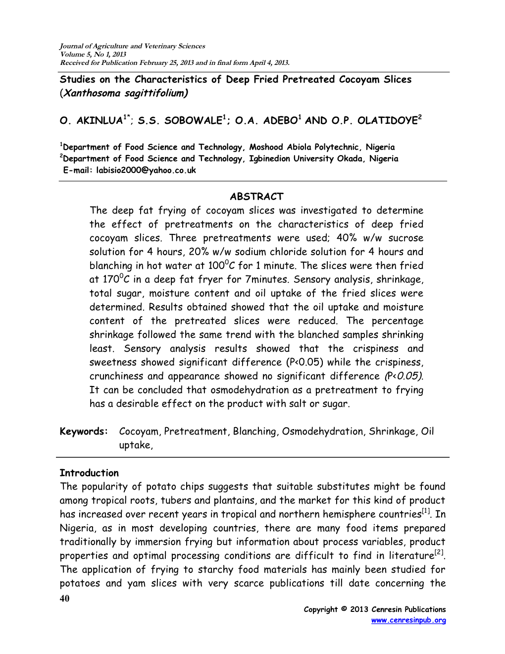 Studies on the Characteristics of Deep Fried Pretreated Cocoyam Slices (Xanthosoma Sagittifolium)