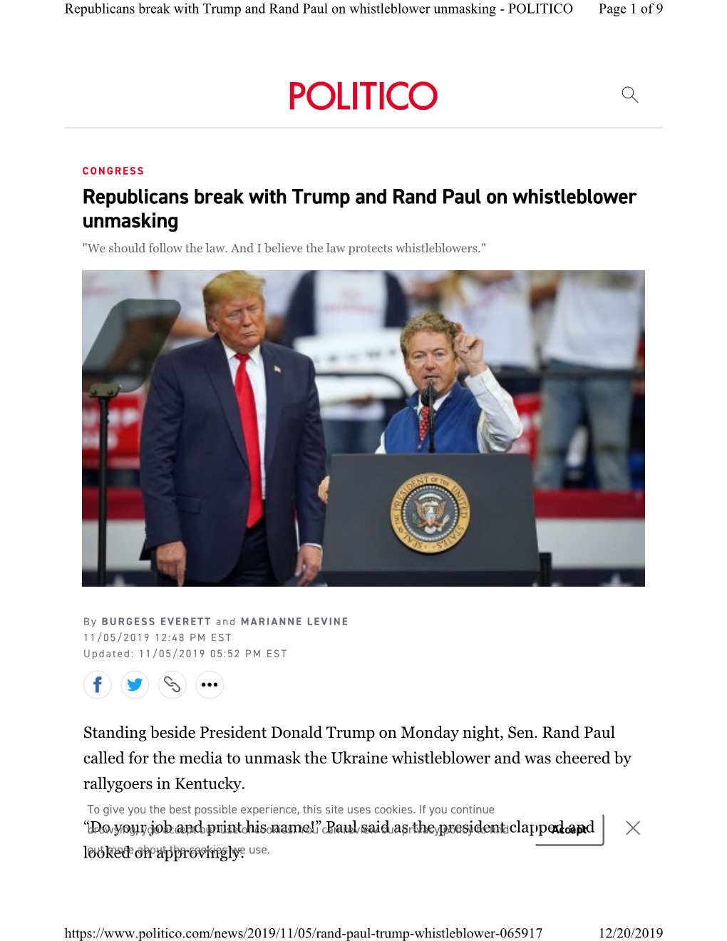 Republicans Break with Trump and Rand Paul on Whistleblower Unmasking - POLITICO Page 1 of 9