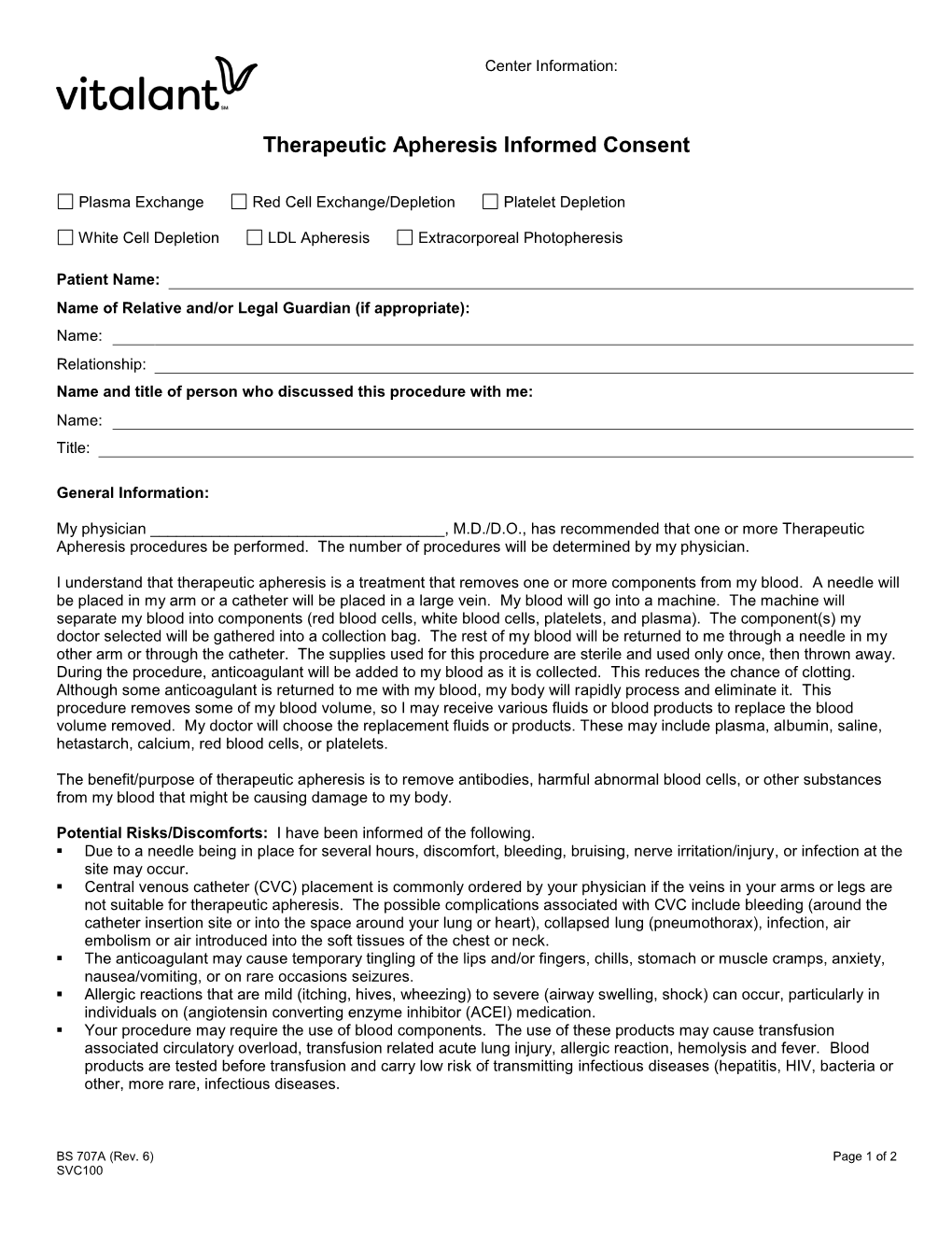 Therapeutic Apheresis Informed Consent (BS 707A)