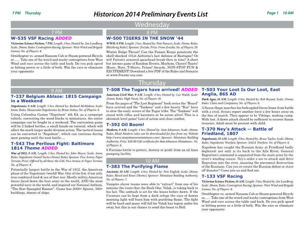 Historicon 2014 Preliminary Events List Wednesday Thursday