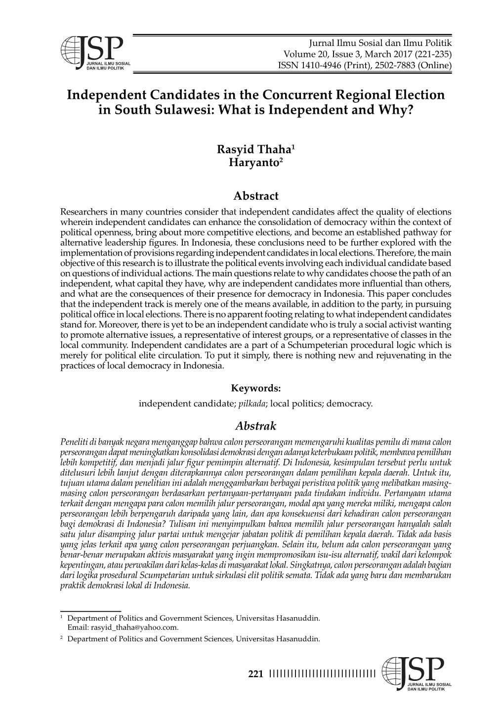 Independent Candidates in the Concurrent Regional Election in South Sulawesi: What Is Independent and Why?