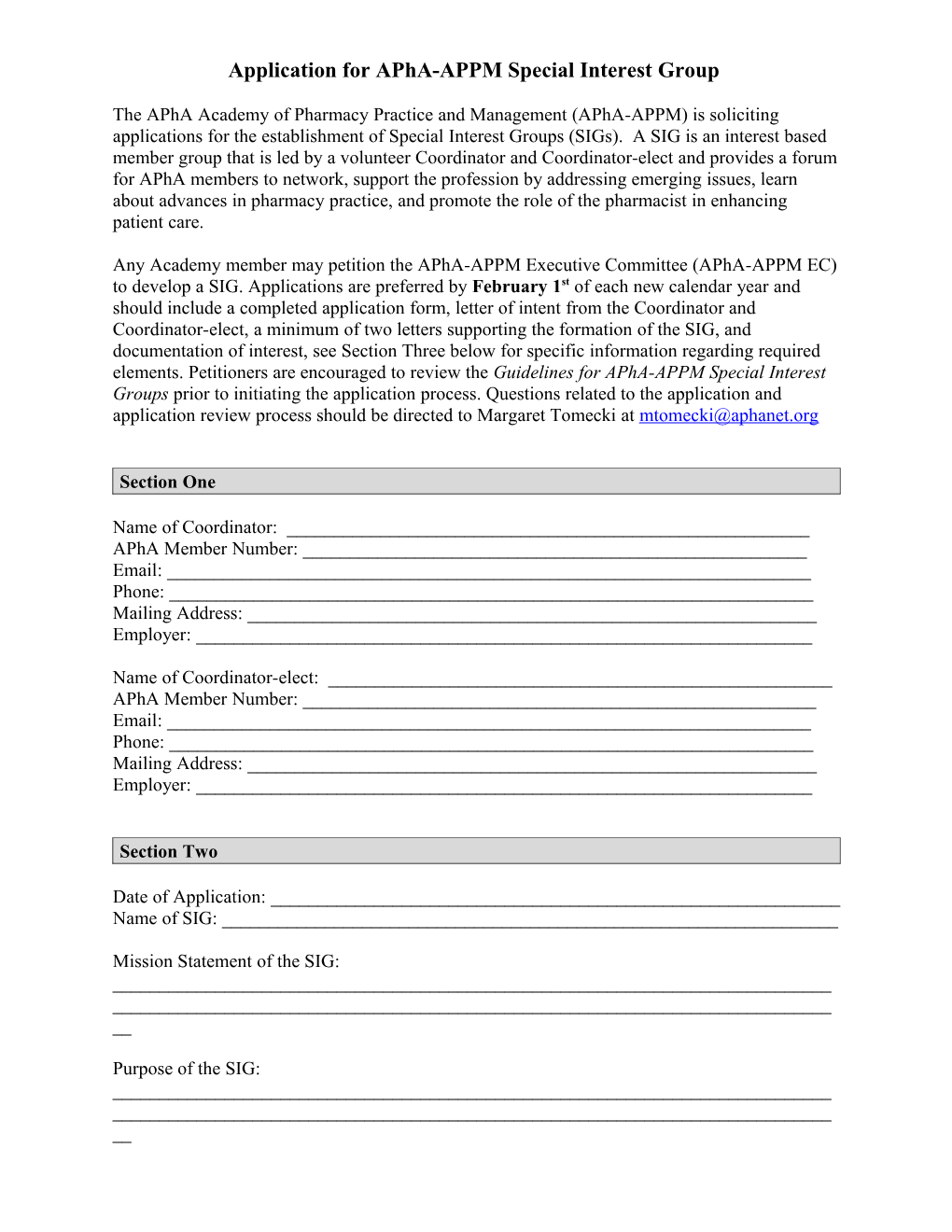 Application for Apha-APPM Special Interest Group