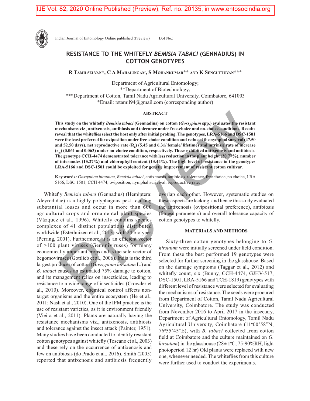 Resistance to the Whitefly Bemisia Tabaci (Gennadius) in Cotton Genotypes