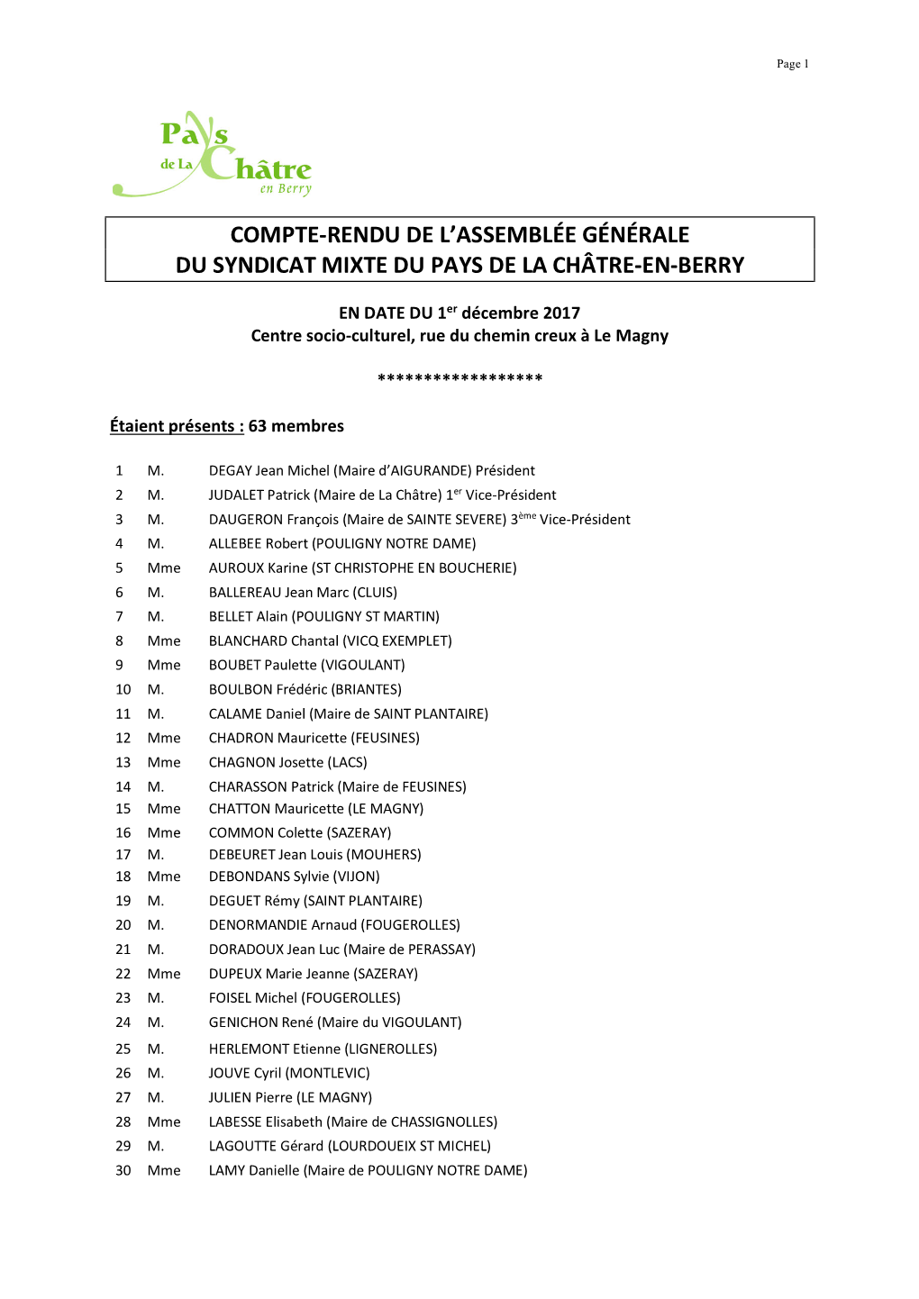 Compte-Rendu De L'assemblée Générale Du Syndicat Mixte Du Pays