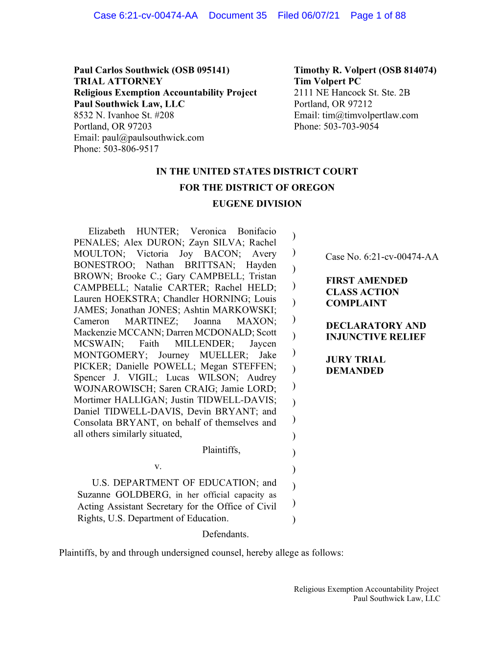 TRIAL ATTORNEY Tim Volpert PC Religious Exemption Accountability Project 2111 NE Hancock St