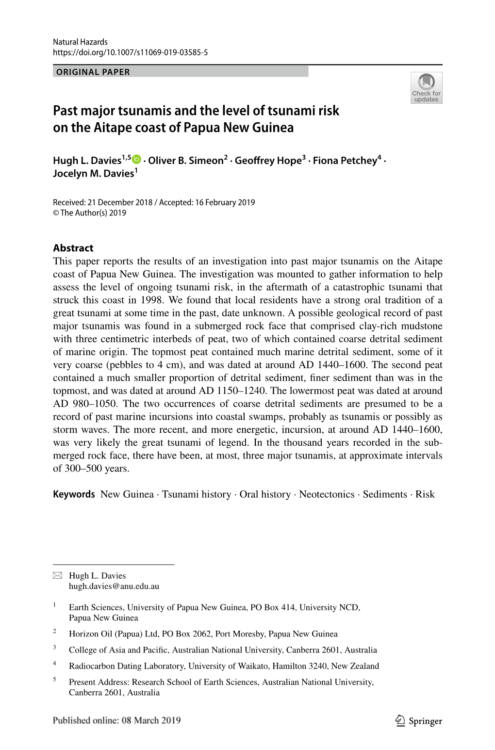 Past Major Tsunamis and the Level of Tsunami Risk on the Aitape Coast of Papua New Guinea