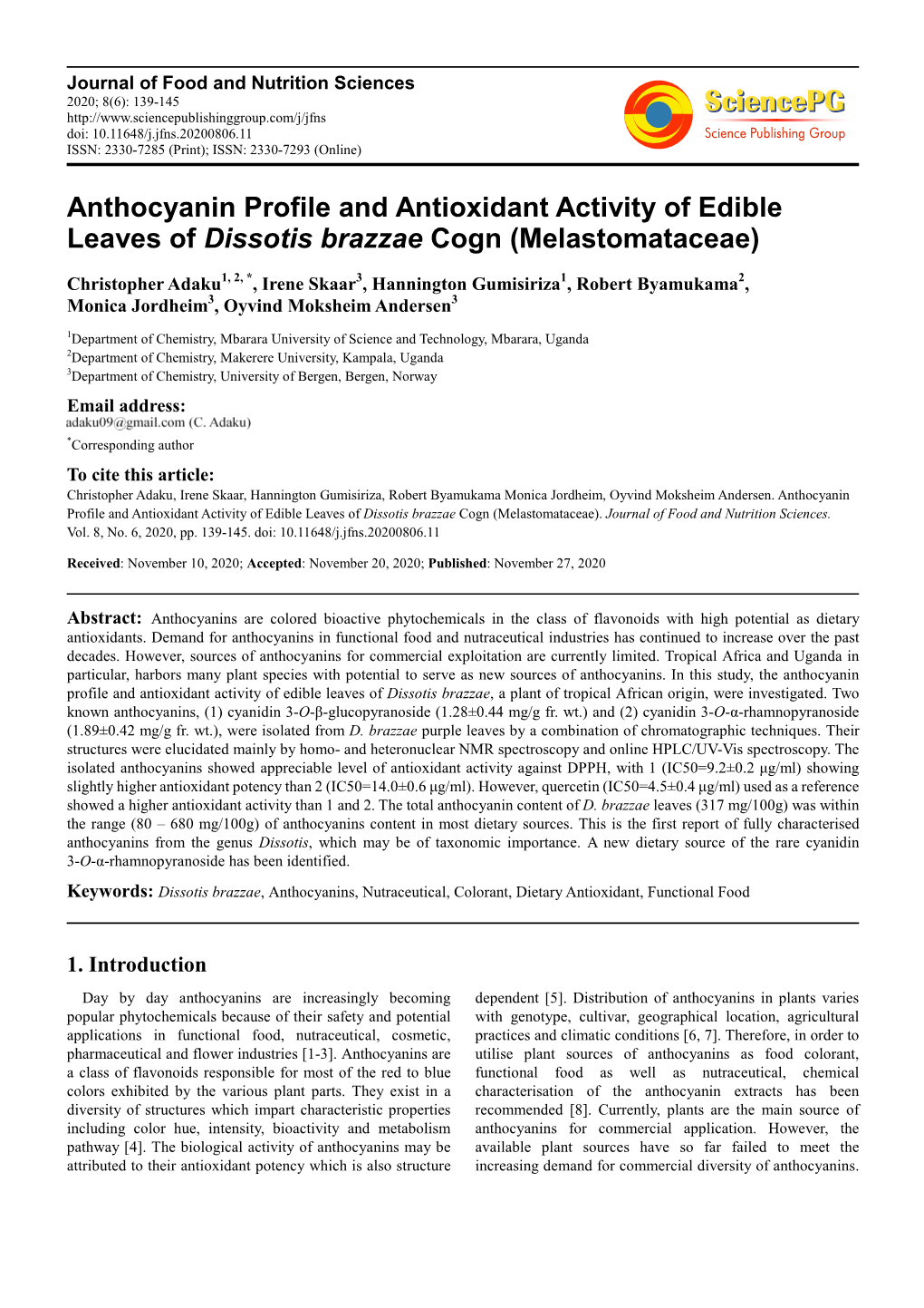 Anthocyanin Profile and Antioxidant Activity of Edible Leaves of Dissotis Brazzae Cogn (Melastomataceae)
