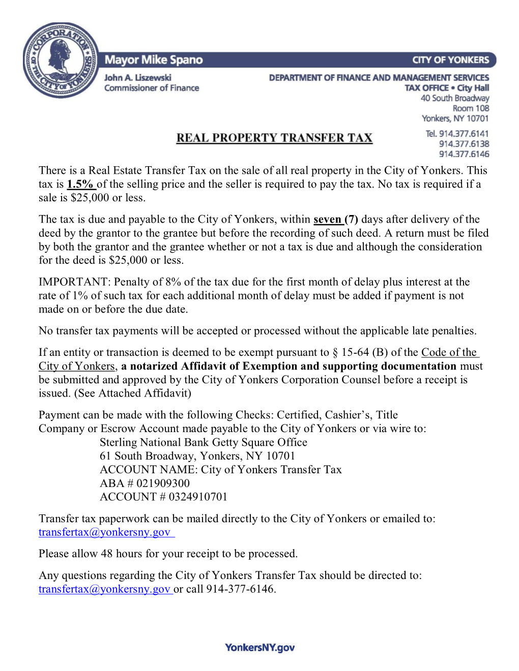 There Is a Real Estate Transfer Tax on the Sale of All Real Property in the City of Yonkers