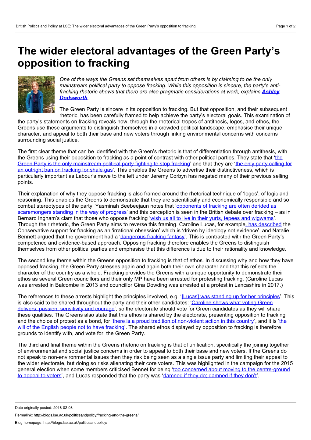 British Politics and Policy at LSE: the Wider Electoral Advantages of the Green Party's Opposition to Fracking