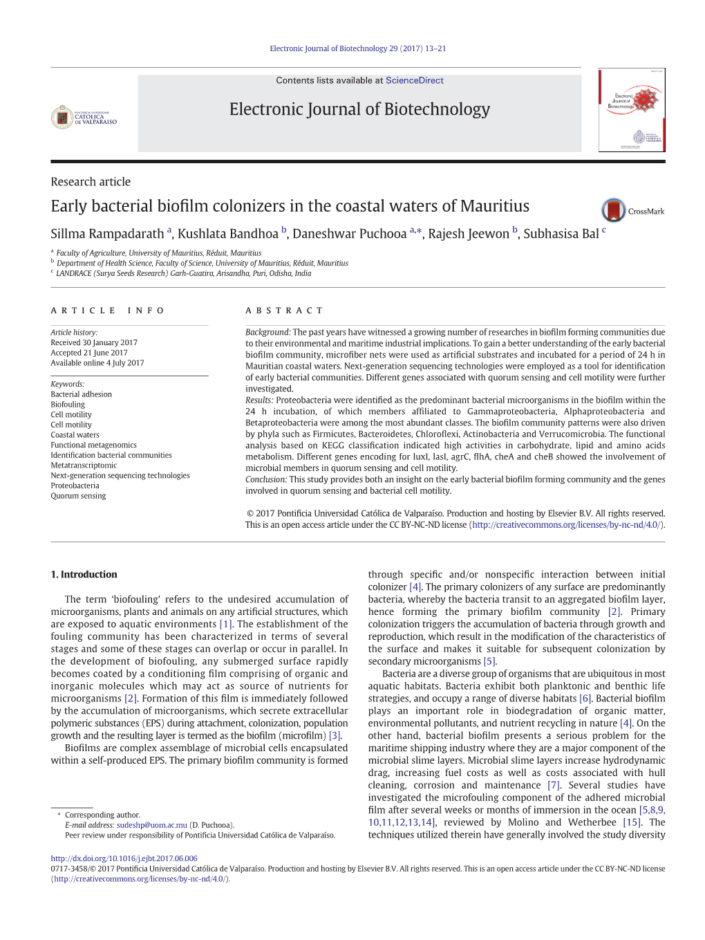 Early Bacterial Biofilm Colonizers in the Coastal Waters of Mauritius