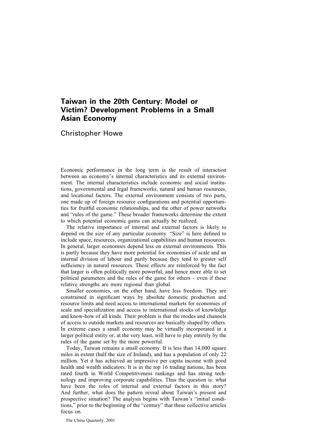 Taiwan in the 20Th Century: Model Or Victim? Development Problems in a Small Asian Economy