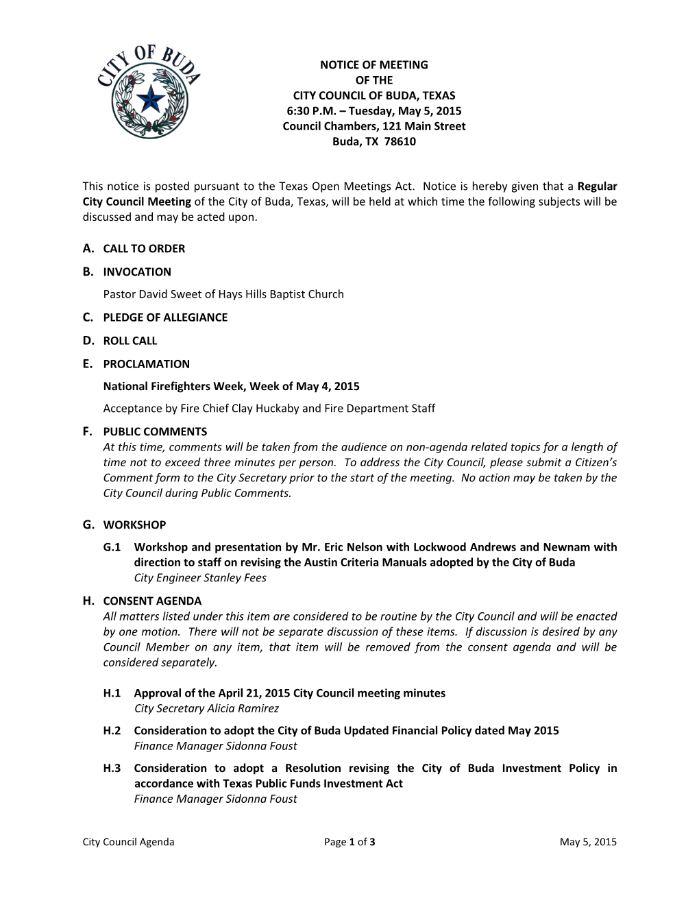 Notice of Meeting of the City Council of Buda, Texas 6:30 P.M