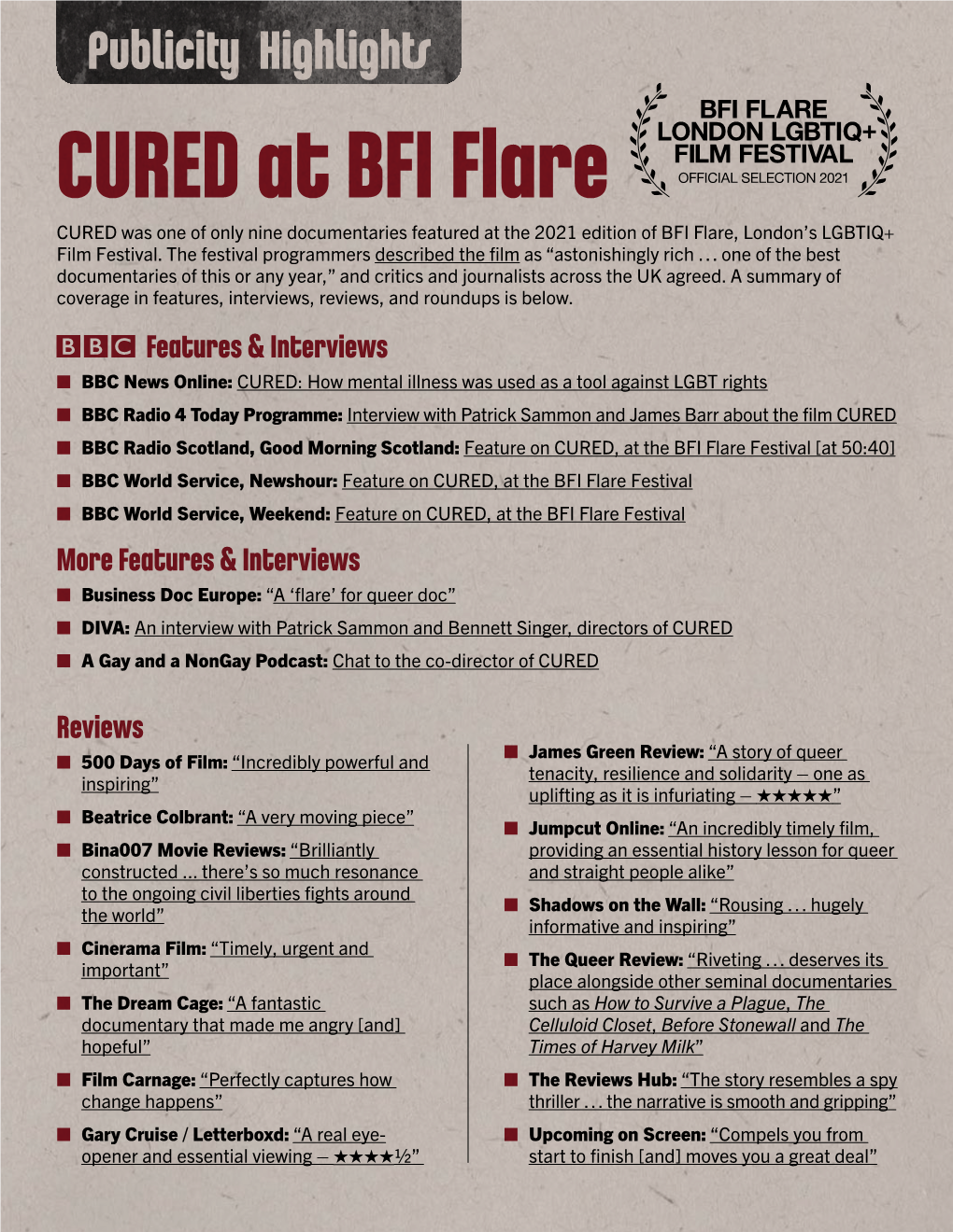 CURED at BFI Flare CURED Was One of Only Nine Documentaries Featured at the 2021 Edition of BFI Flare, London’S LGBTIQ+ Film Festival