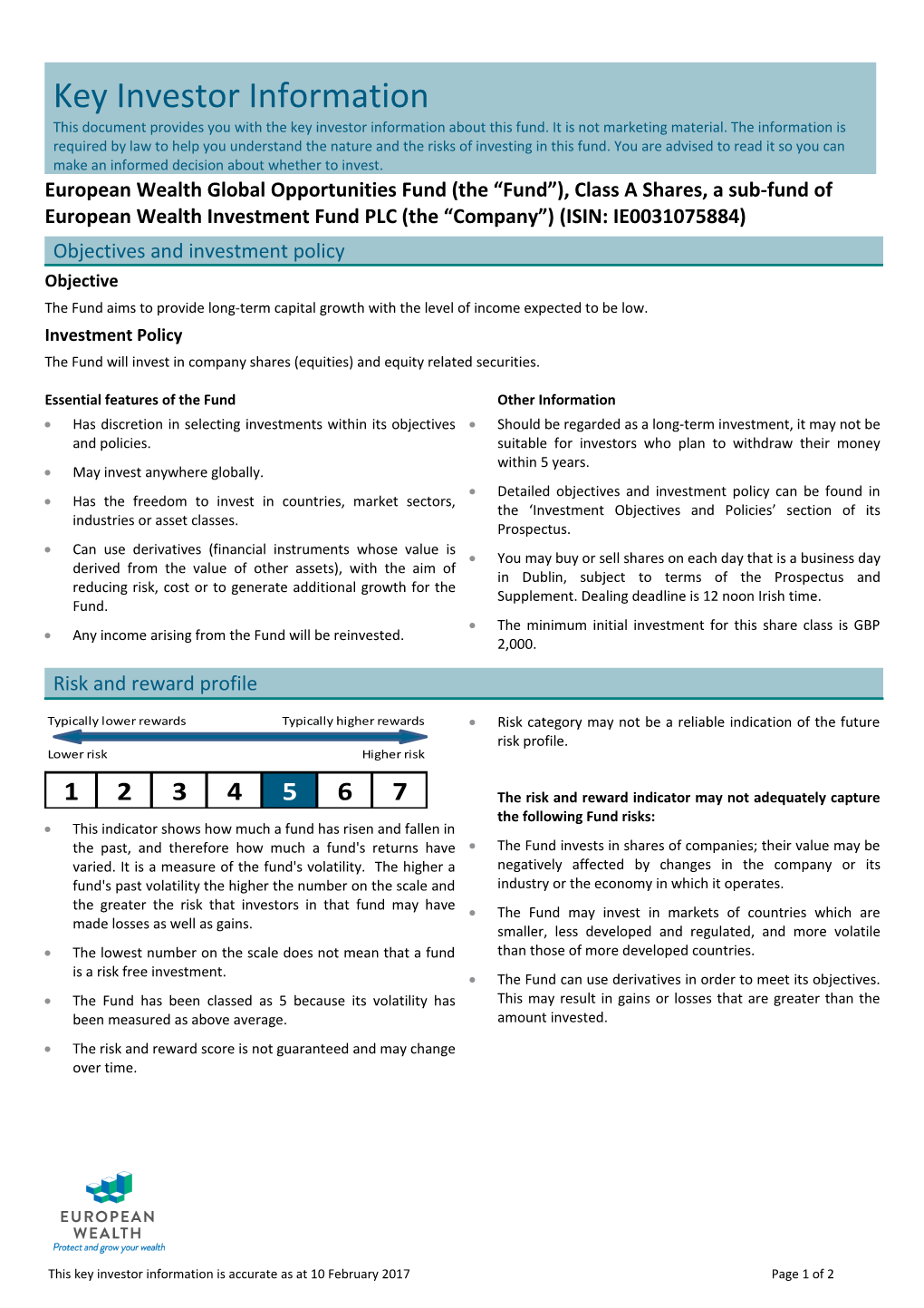 This Key Investor Information Is Accurate As at 10 February 2017 Page 2 of 2