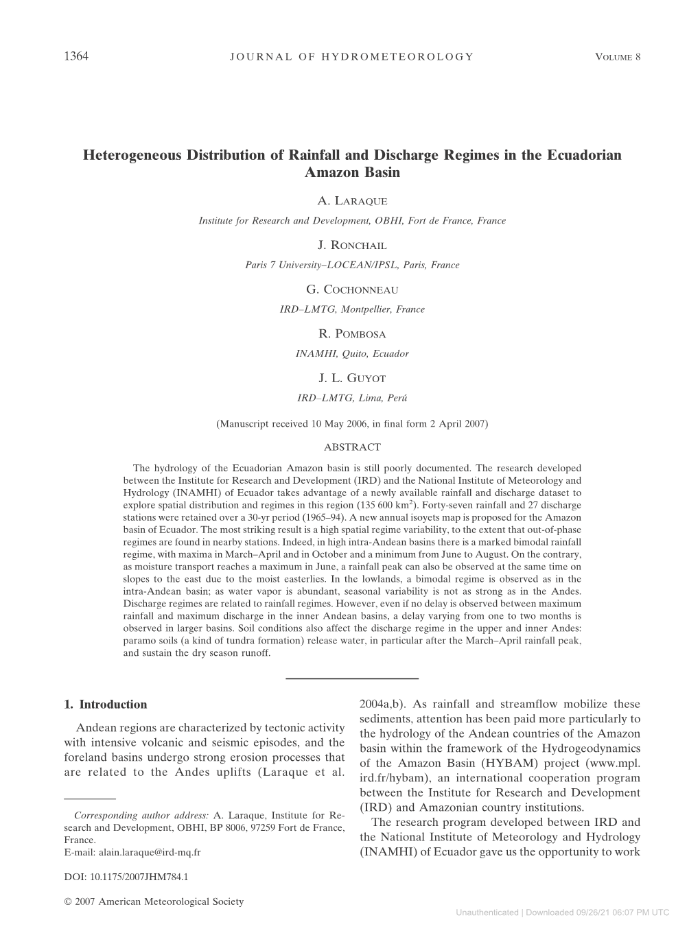 Heterogeneous Distribution of Rainfall and Discharge Regimes in the Ecuadorian Amazon Basin