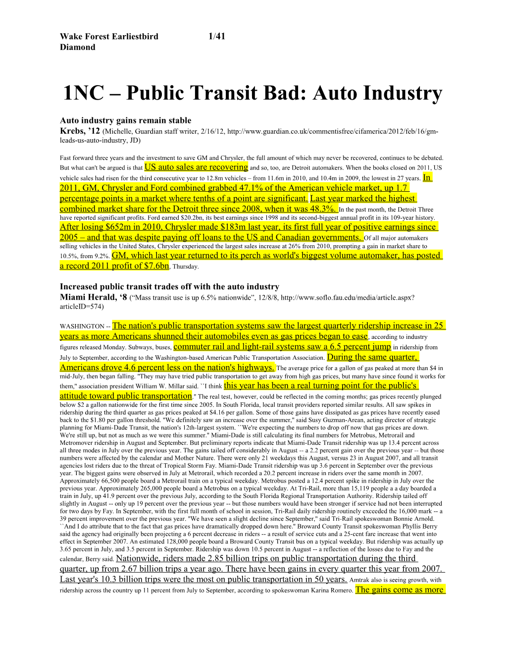1NC Public Transit Bad: Auto Industry