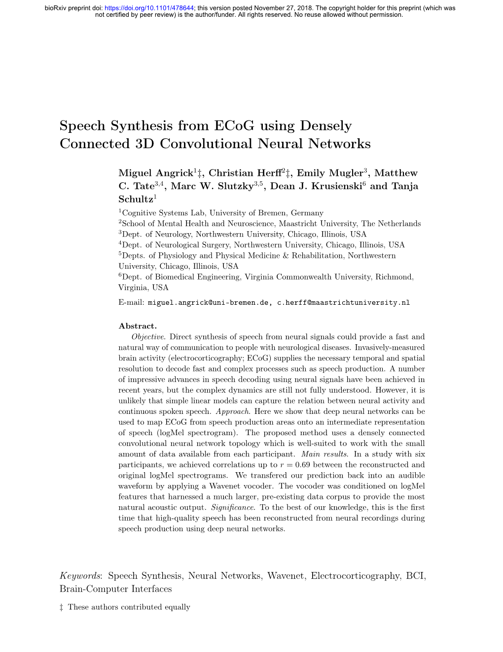 Speech Synthesis from Ecog Using Densely Connected 3D Convolutional Neural Networks