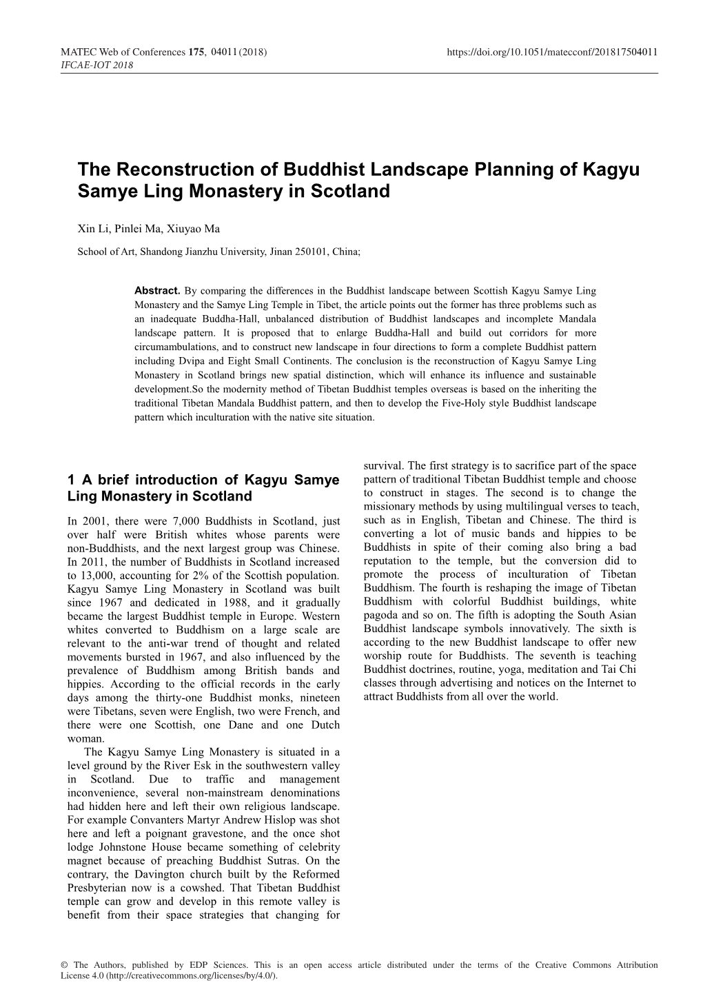 The Reconstruction of Buddhist Landscape Planning of Kagyu Samye Ling Monastery in Scotland