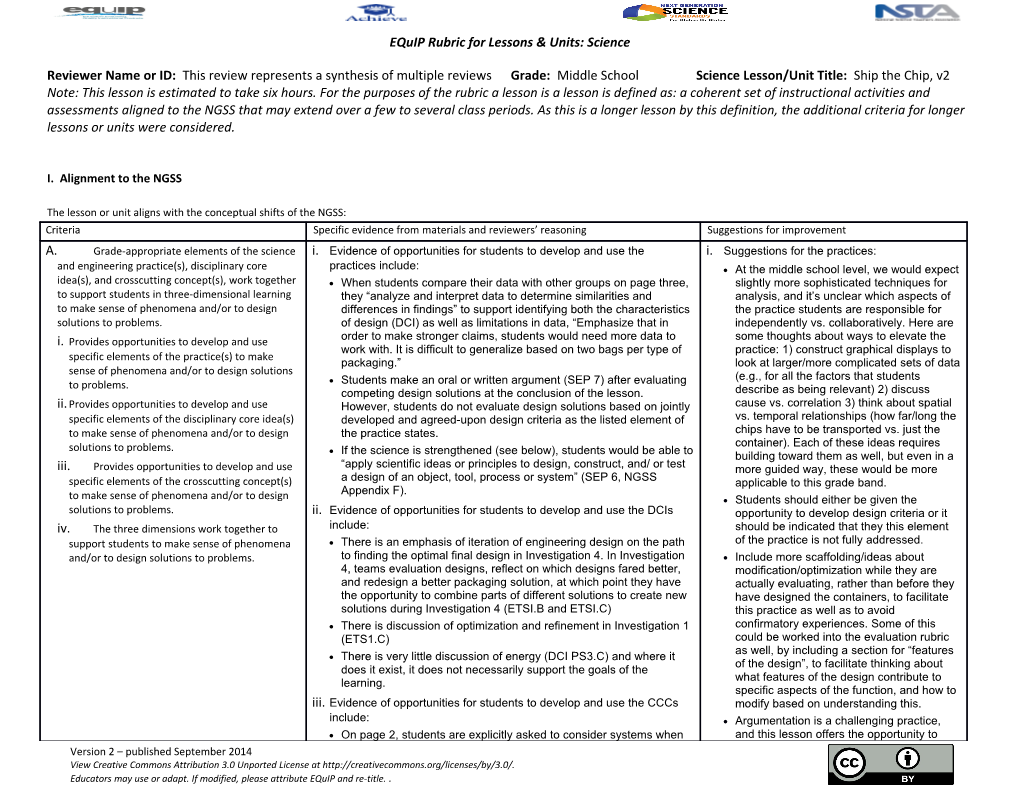 Equip Rubric for Lessons & Units: Science