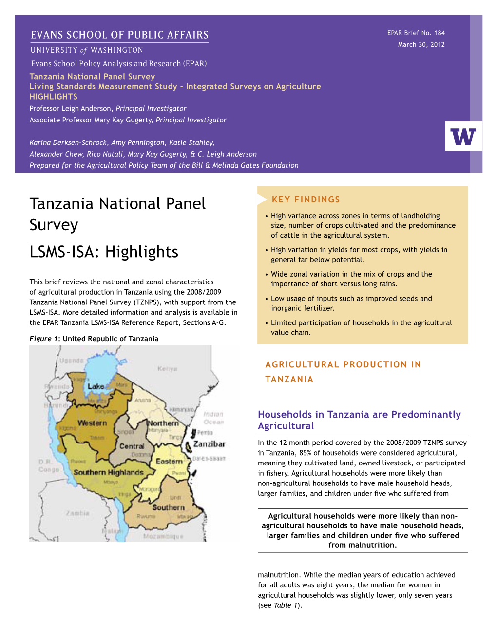 Tanzania National Panel Survey LSMS-ISA: Highlights