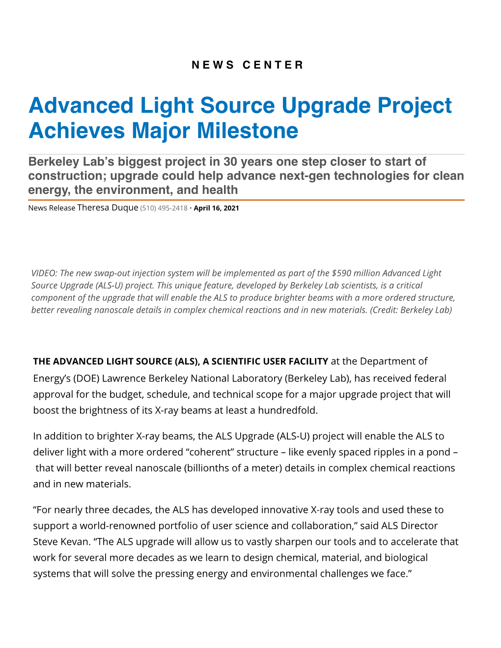 Advanced Light Source Upgrade Project Achieves Major Milestone