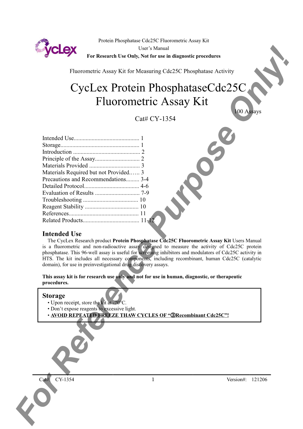 For Reference Purpose Only! Protein Phosphatase Cdc25c Fluorometric Assay Kit User’S Manual for Research Use Only, Not for Use in Diagnostic Procedures