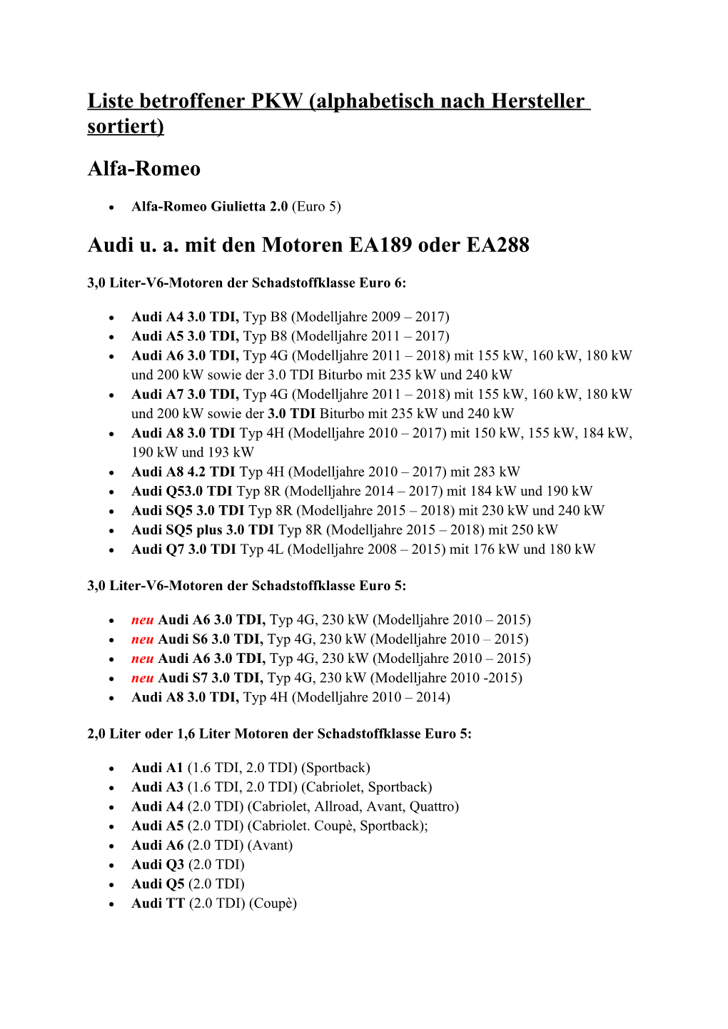 Alfa-Romeo Audi Ua Mit Den Motoren EA189 Oder EA288