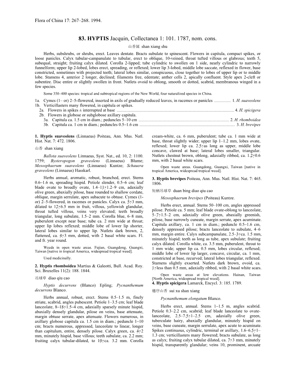 83. HYPTIS Jacquin, Collectanea 1: 101. 1787, Nom. Cons. 山香属 Shan Xiang Shu Herbs, Subshrubs, Or Shrubs, Erect