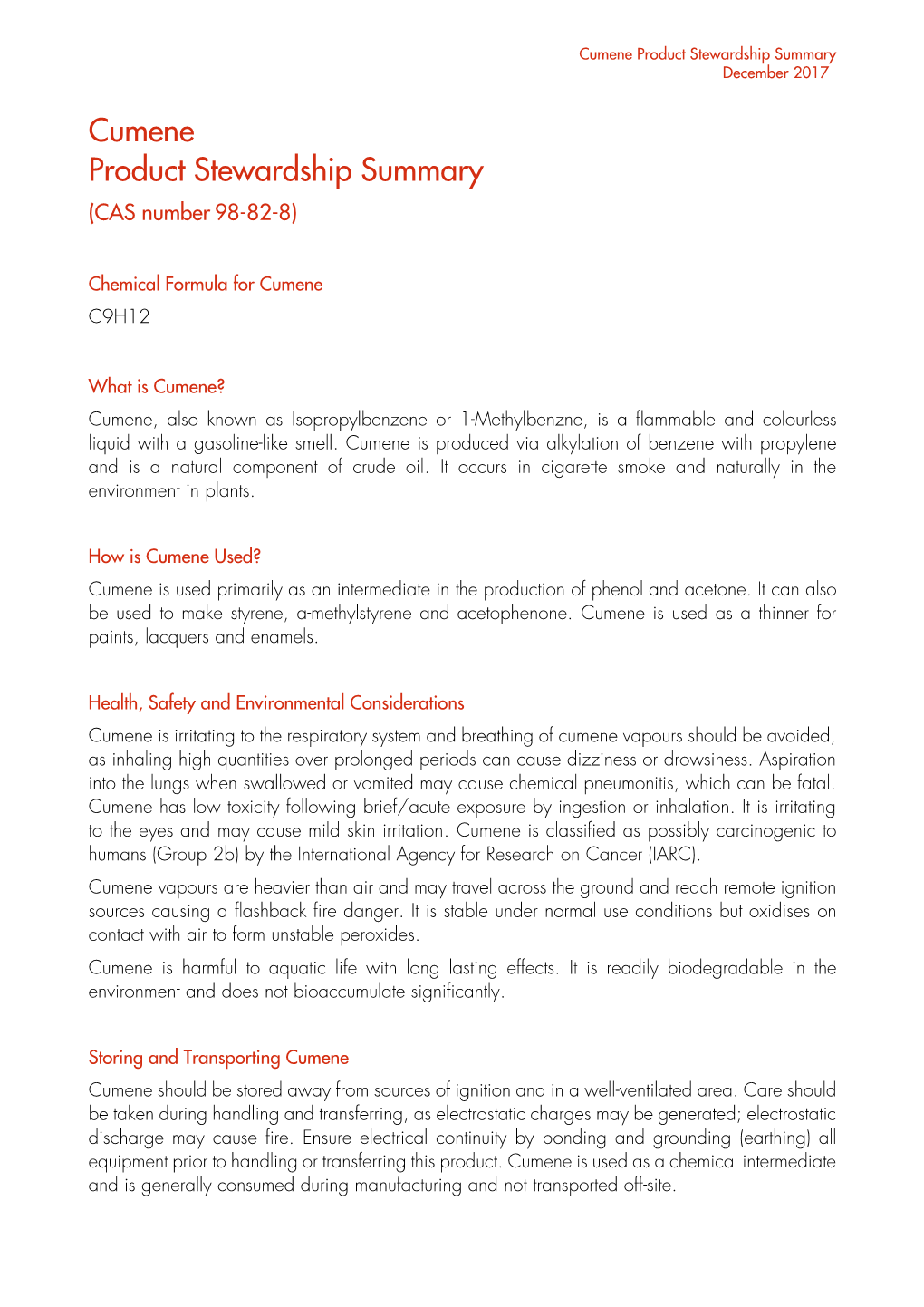 Cumene Product Stewardship Summary December 2017