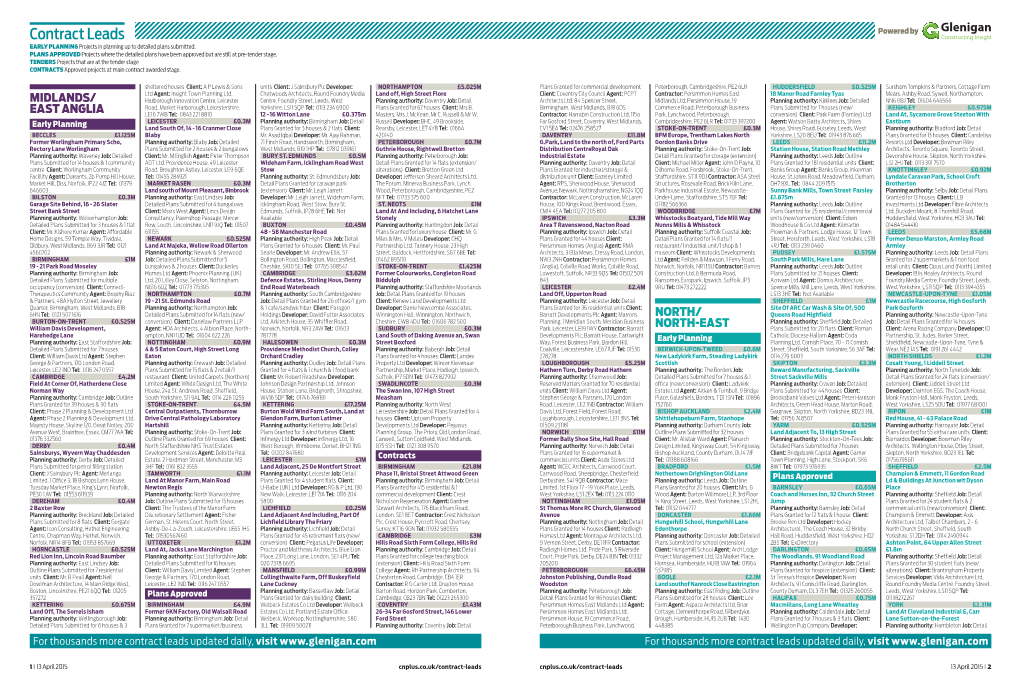 Contract Leads Powered by EARLY PLANNING Projects in Planning up to Detailed Plans Submitted