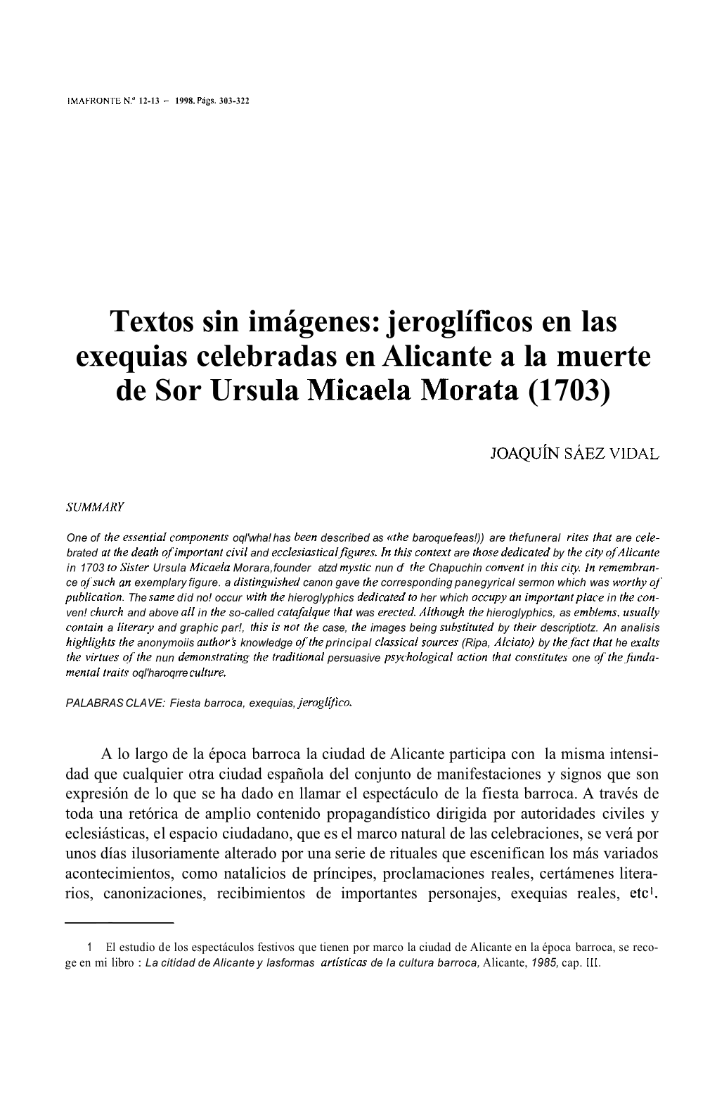 Jeroglíficos En Las Exequias Celebradas En Alicante a La Muerte De Sor Ursula Micaela Morata (1703)