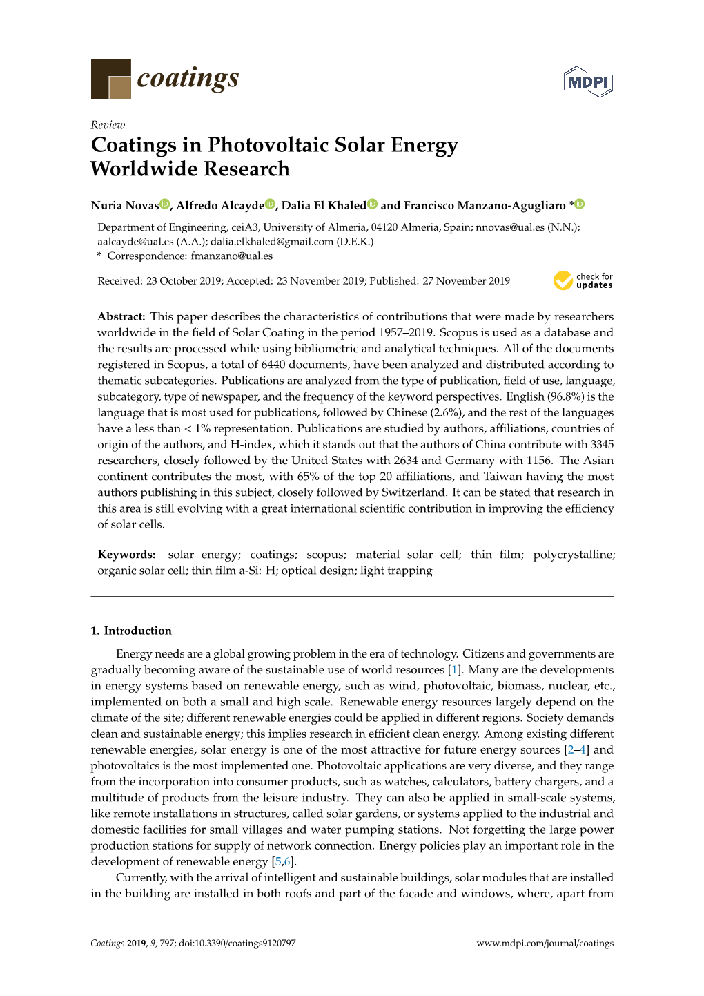 Coatings in Photovoltaic Solar Energy Worldwide Research