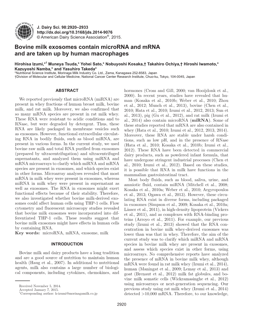 Bovine Milk Exosomes Contain Microrna and Mrna and Are Taken up by Human Macrophages