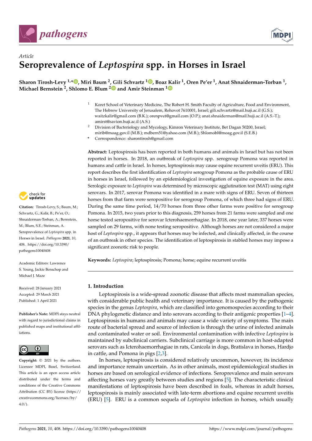 Seroprevalence of Leptospira Spp. in Horses in Israel