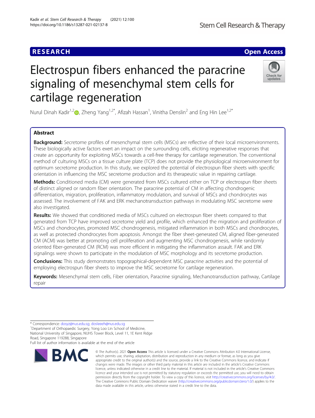 Electrospun Fibers Enhanced the Paracrine Signaling of Mesenchymal Stem Cells for Cartilage Regeneration