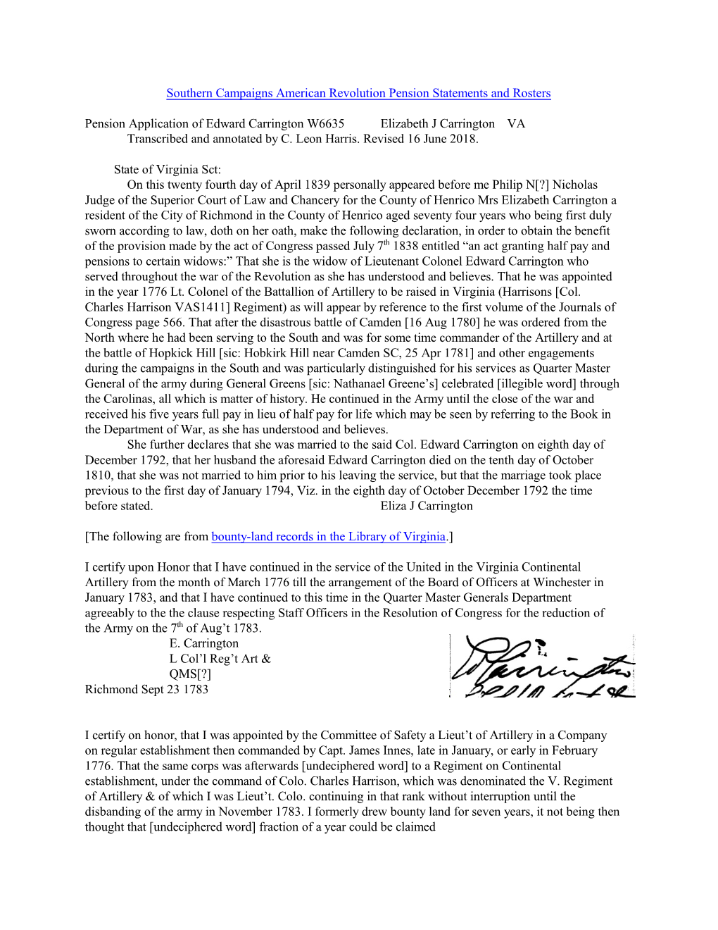 Edward Carrington W6635 Elizabeth J Carrington VA Transcribed and Annotated by C