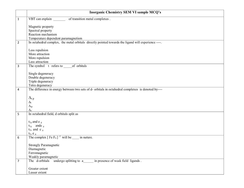 Inorganic Chemistry SEM VI Sample MCQ’S 1 VBT Can Explain ______Of Transition Metal Complexes