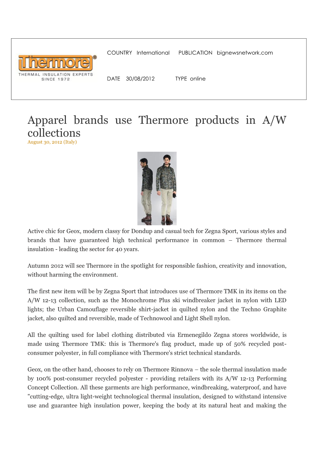 Apparel Brands Use Thermore Products in A/W Collections August 30, 2012 (Italy)